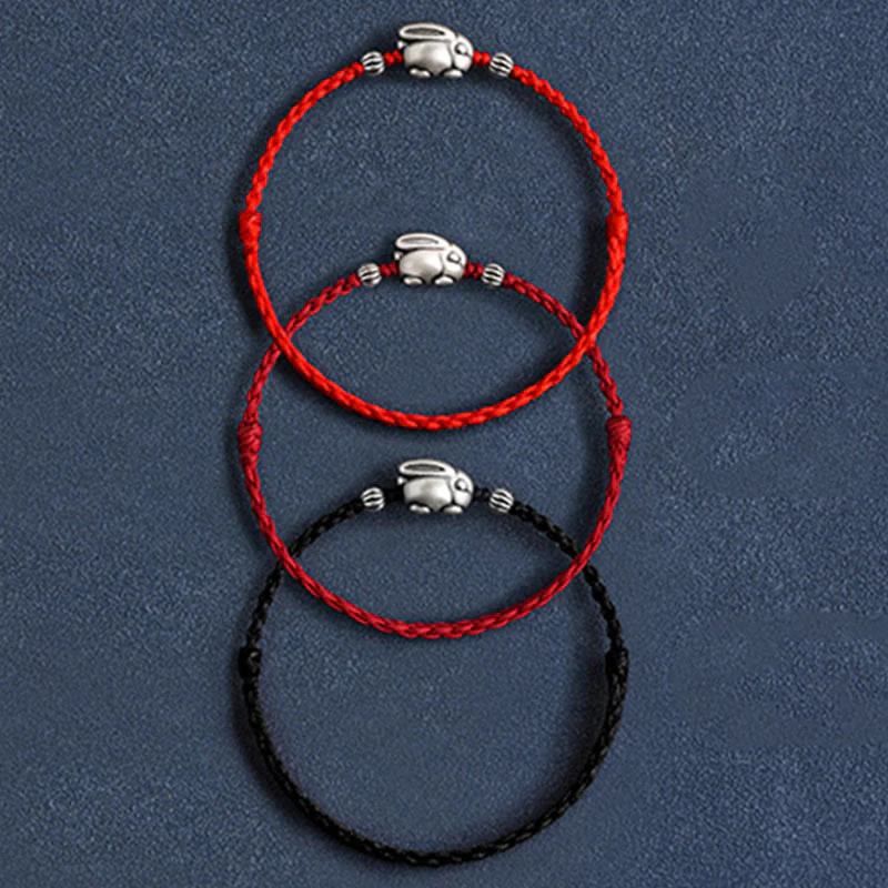 Buddha Stones Braccialetto portafortuna in corda di coniglio in argento sterling 999 fatto a mano - Image 28