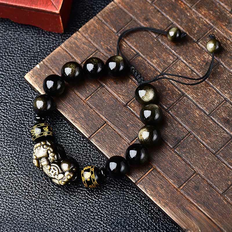 Buddha Stones Braccialetto protettivo PiXiu Om Mani Padme Hum in ossidiana con lucentezza dorata naturale, con scritta "PiXiu Om Mani Padme Hum". - Image 11