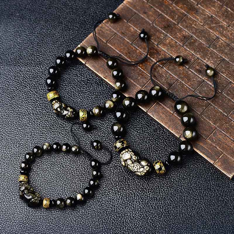 Buddha Stones Braccialetto protettivo PiXiu Om Mani Padme Hum in ossidiana con lucentezza dorata naturale, con scritta "PiXiu Om Mani Padme Hum". - Image 12