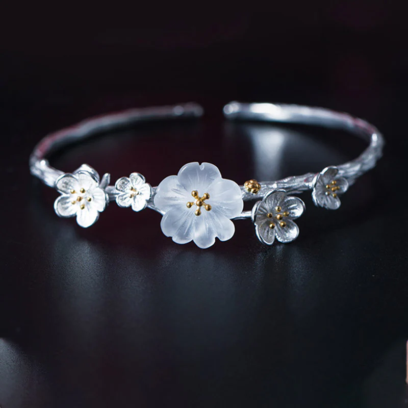 Buddha Stones Braccialetto regolabile con benedizione a forma di fiore di prugna in argento sterling 925
