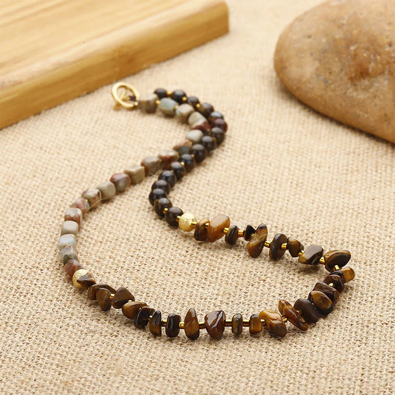 Buddha Stones Bronzite Pietra dell'Imperatore Occhio di Tigre Determinazione Bracciale Triplo Avvolgimento - Image 3