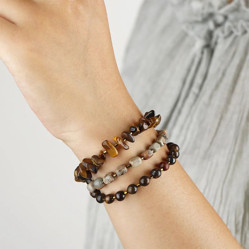 Buddha Stones Bronzite Pietra dell'Imperatore Occhio di Tigre Determinazione Bracciale Triplo Avvolgimento - Image 4