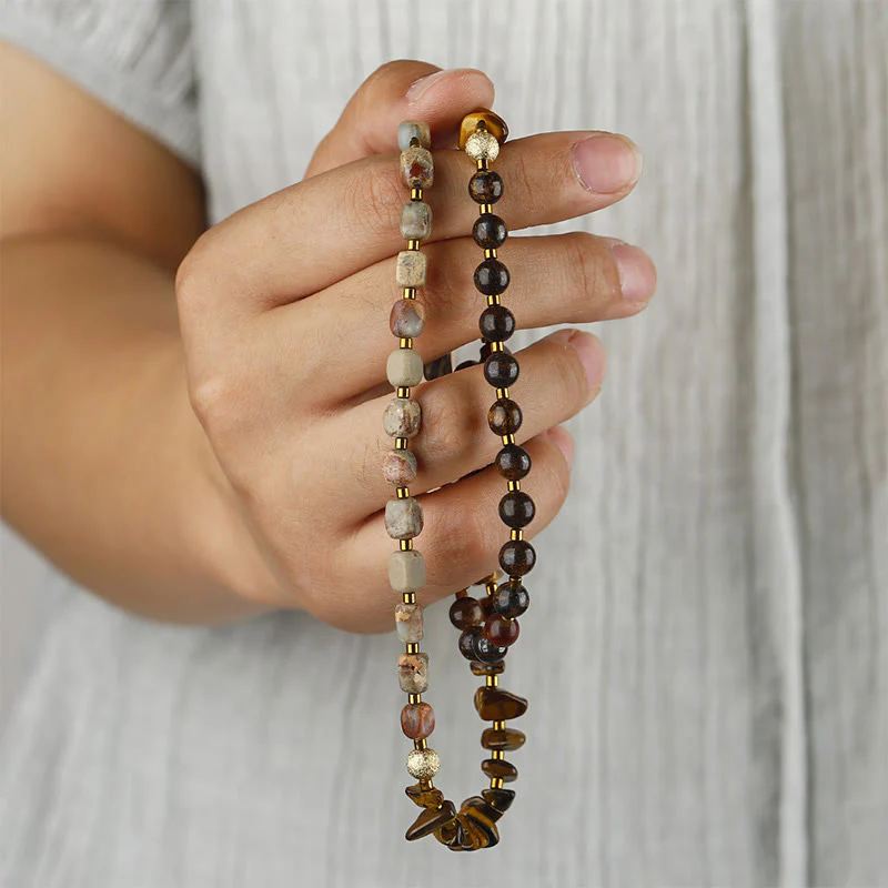 Buddha Stones Bronzite Pietra dell'Imperatore Occhio di Tigre Determinazione Bracciale Triplo Avvolgimento - Image 5