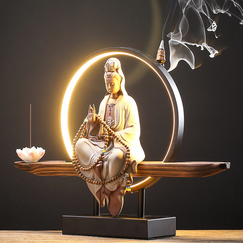 Buddha Stones Buddha Avalokitesvara Ceramica Loto Rilassamento Bruciatore di Incenso Decorazione - Image 11