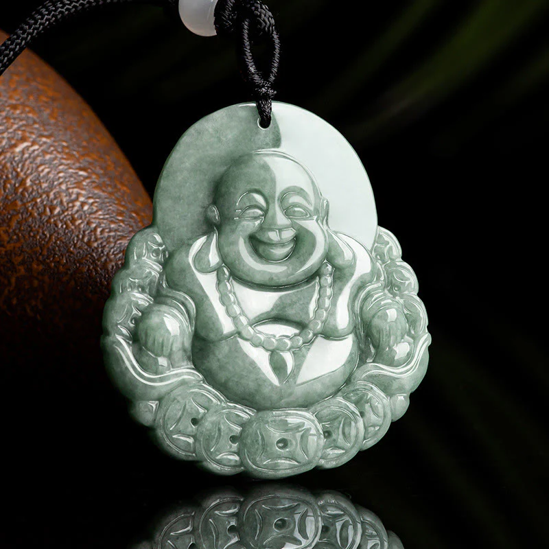 Buddha Stones Buddha che ride Collana con ciondolo in giada naturale con moneta di rame e abbondanza - Image 2