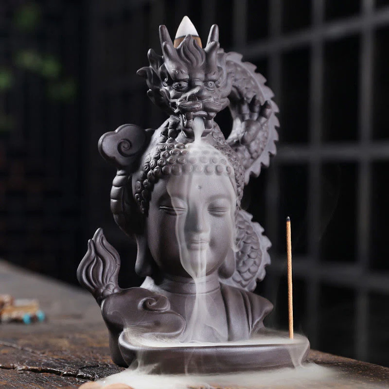 Buddha Stones Buddha Drago Nuvole di buon auspicio Argilla viola Bruciatore di incenso curativo Decorazione