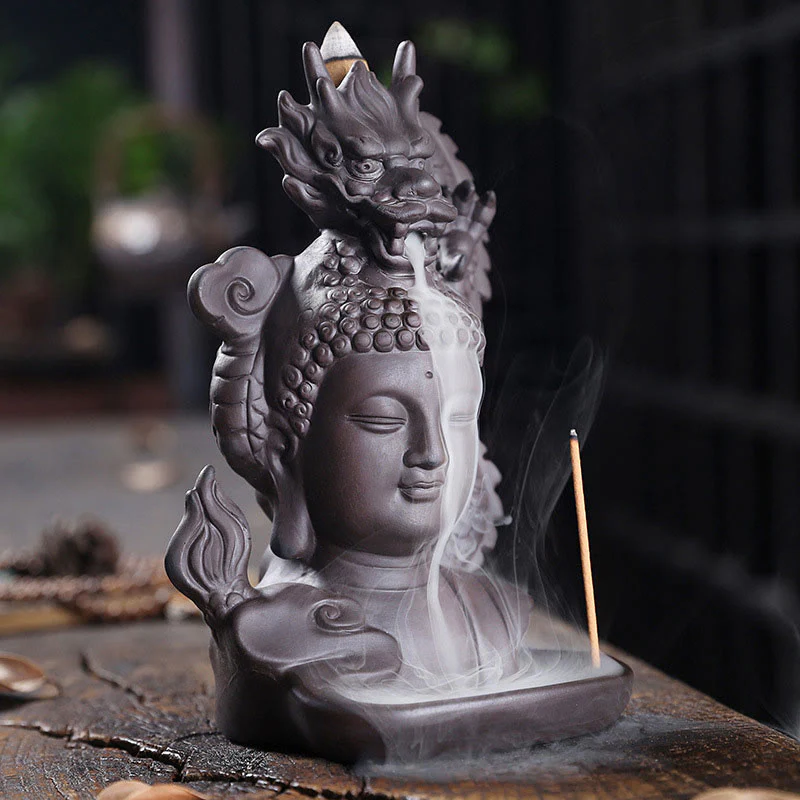 Buddha Stones Buddha Drago Nuvole di buon auspicio Argilla viola Bruciatore di incenso curativo Decorazione - Image 2
