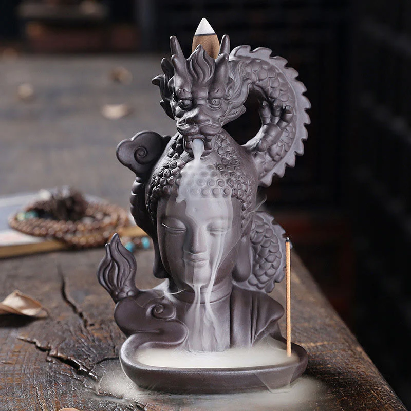 Buddha Stones Buddha Drago Nuvole di buon auspicio Argilla viola Bruciatore di incenso curativo Decorazione - Image 3