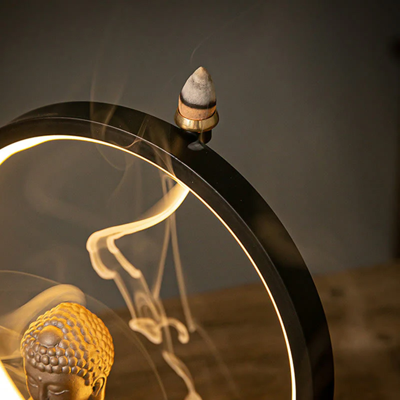 Buddha Stones Buddha Lotus Fontana di fumo a riflusso Bruciatore di incenso di benedizione in ceramica con decorazione luminosa - Image 14