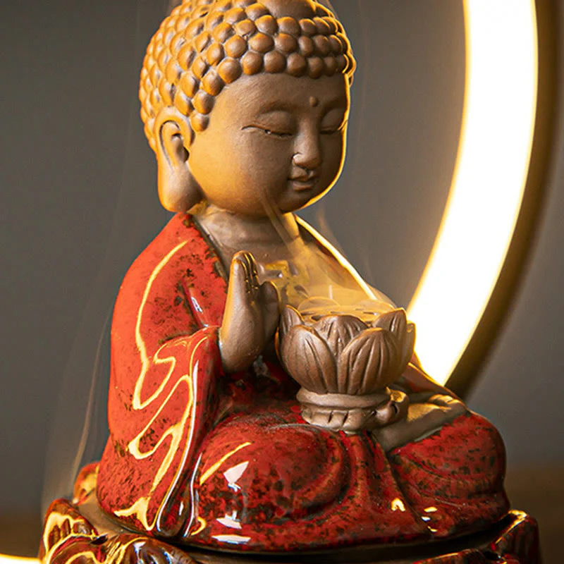 Buddha Stones Buddha Lotus Fontana di fumo a riflusso Bruciatore di incenso di benedizione in ceramica con decorazione luminosa - Image 3
