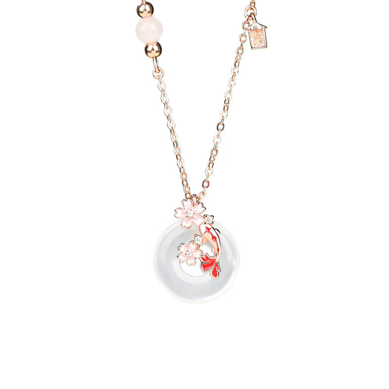 Buddha Stones Calcedonio Cristallo rosa Argento Sterling 925 Fiori Pesce Koi Fibbia della pace Collana pendente positivo - Image 3