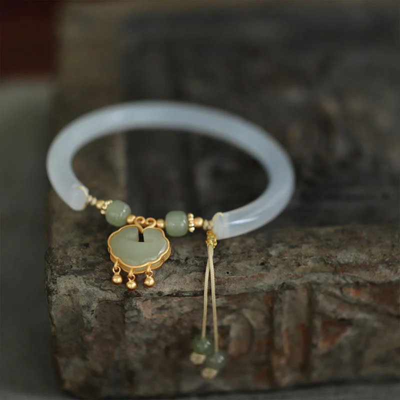 Buddha Stones Calcedonio Giada Hetian Argento Sterling 925 Nuvola di Buon Auspicio Ruyi Lock Harmony Braccialetto Mezza Bracciale - Image 2