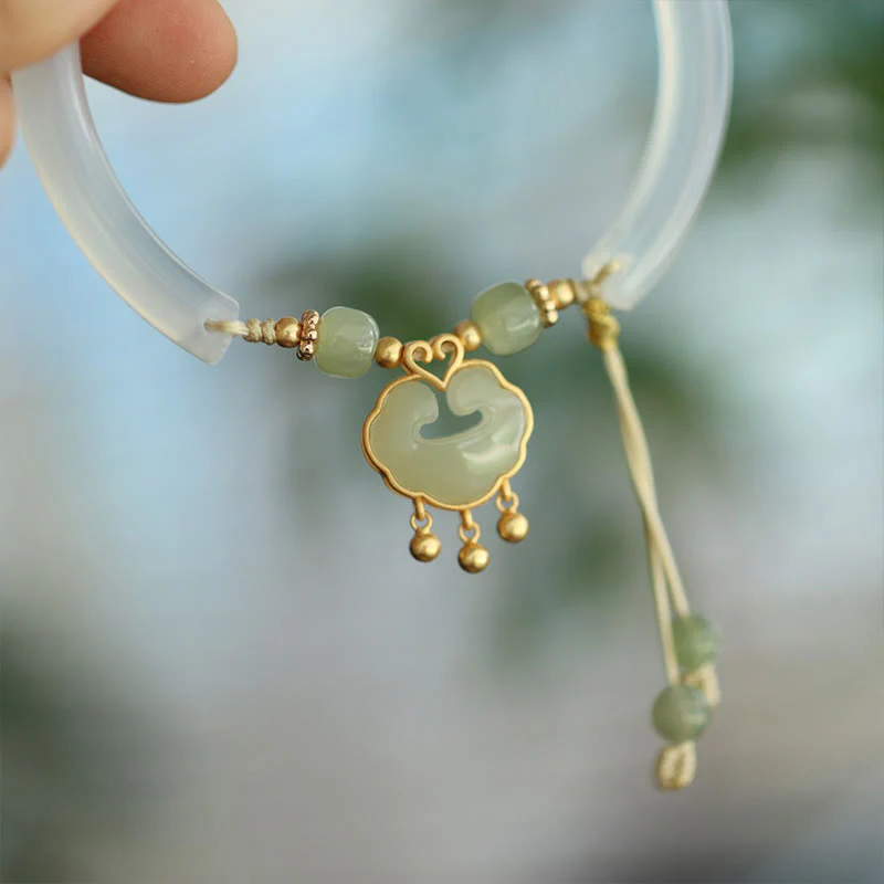 Buddha Stones Calcedonio Giada Hetian Argento Sterling 925 Nuvola di Buon Auspicio Ruyi Lock Harmony Braccialetto Mezza Bracciale - Image 4