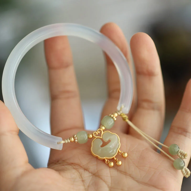 Buddha Stones Calcedonio Giada Hetian Argento Sterling 925 Nuvola di Buon Auspicio Ruyi Lock Harmony Braccialetto Mezza Bracciale - Image 9