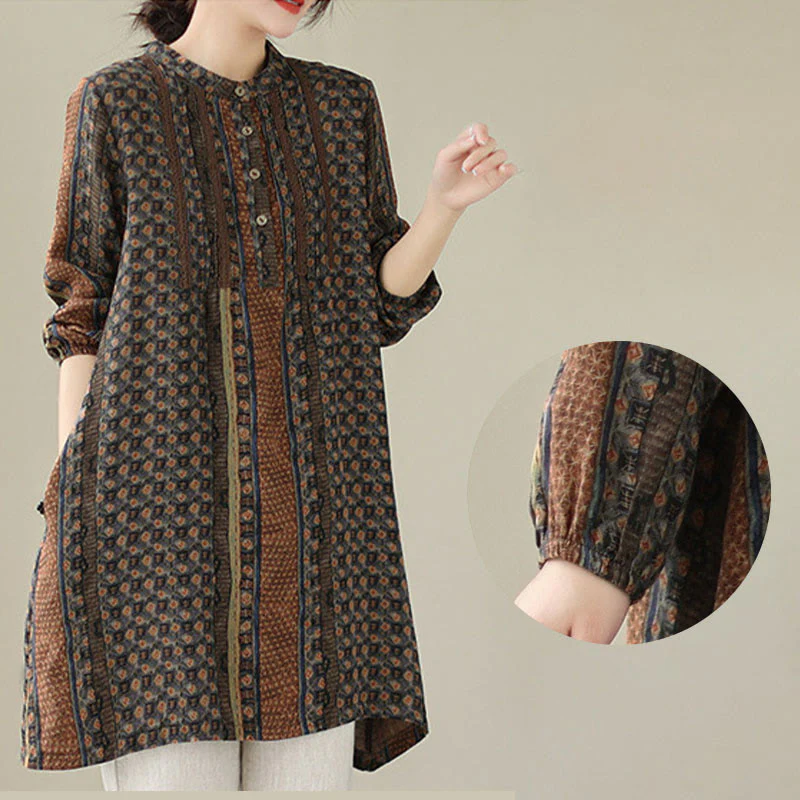 Buddha Stones Camicia a maniche lunghe da donna con pieghe a fisarmonica, stampa floreale retrò e tasche - Image 6