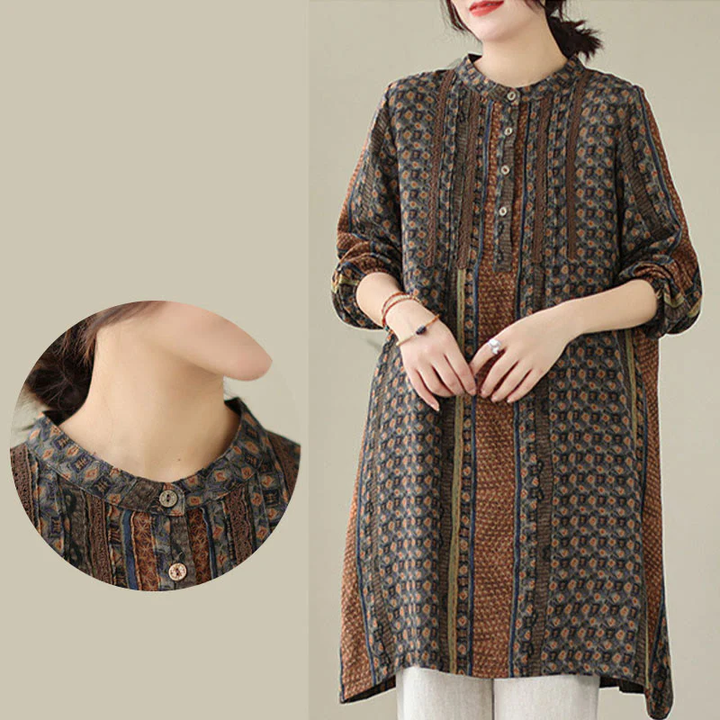 Buddha Stones Camicia a maniche lunghe da donna con pieghe a fisarmonica, stampa floreale retrò e tasche - Image 9