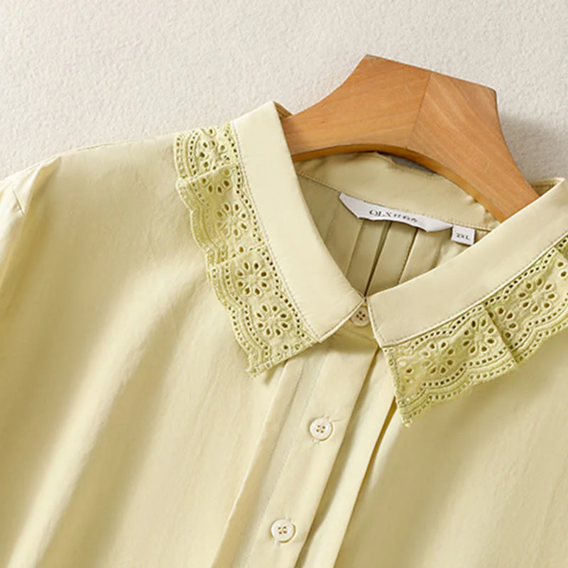 Buddha Stones Camicia casual da donna in cotone con revers in pizzo e maniche lunghe - Image 12