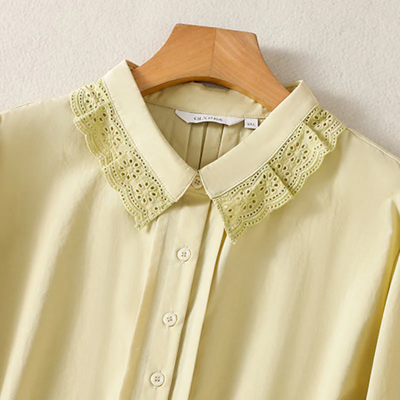 Buddha Stones Camicia casual da donna in cotone con revers in pizzo e maniche lunghe - Image 14