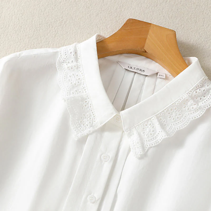 Buddha Stones Camicia casual da donna in cotone con revers in pizzo e maniche lunghe - Image 26