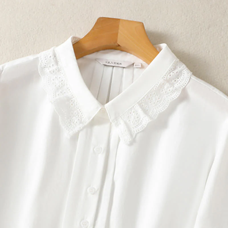 Buddha Stones Camicia casual da donna in cotone con revers in pizzo e maniche lunghe - Image 27