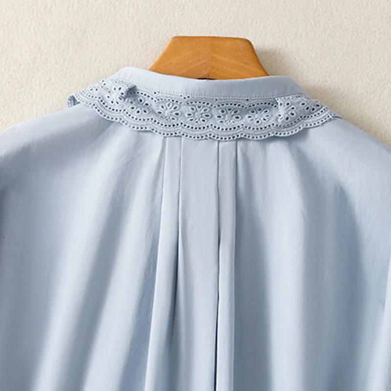 Buddha Stones Camicia casual da donna in cotone con revers in pizzo e maniche lunghe - Image 4