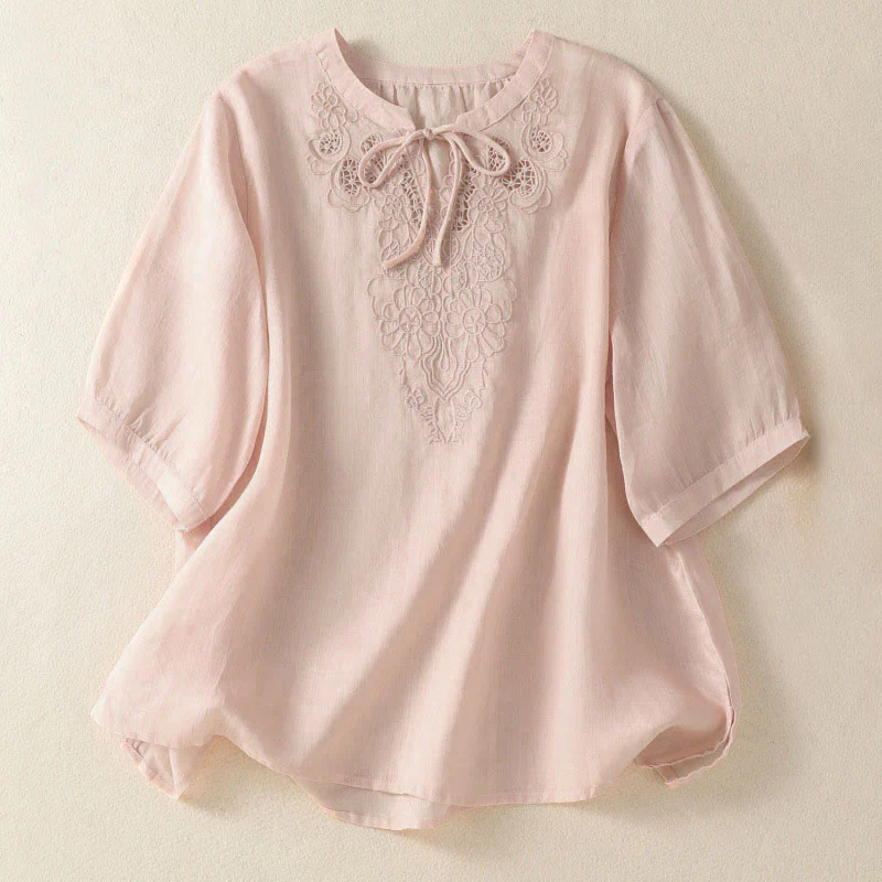 Buddha Stones Camicia da donna a maniche corte con colletto a tacca e motivo floreale con ricami estivi - Image 17
