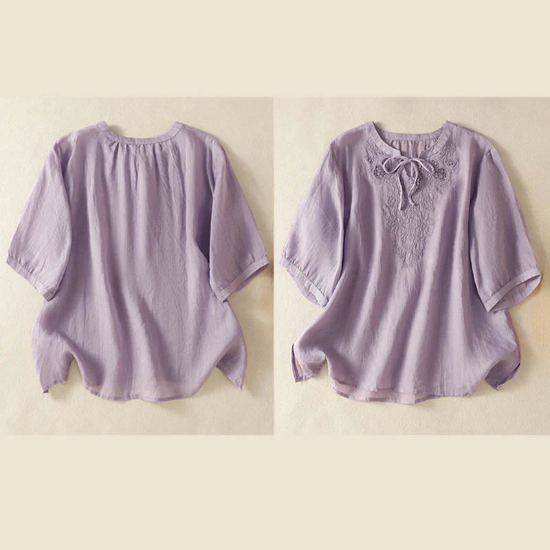 Buddha Stones Camicia da donna a maniche corte con colletto a tacca e motivo floreale con ricami estivi - Image 6