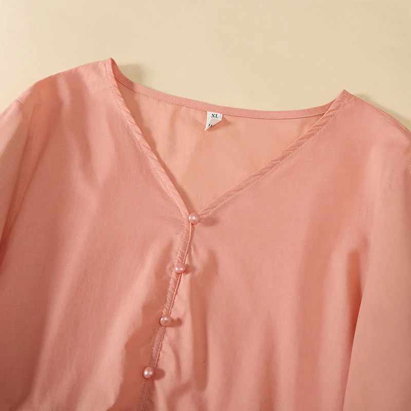 Buddha Stones Camicia da donna a maniche corte con scollo a V, tinta unita, design con bottoni decorativi - Image 17