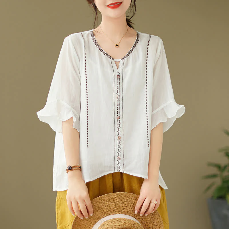 Buddha Stones Camicia da donna a maniche corte svasate con scollo rotondo e bottoni ricamati