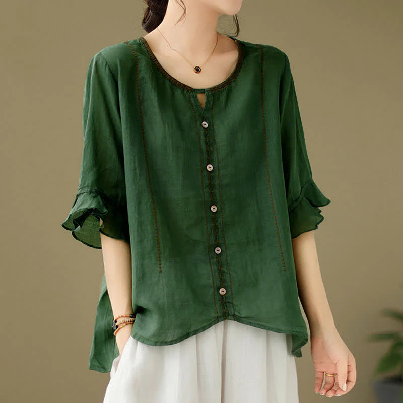 Buddha Stones Camicia da donna a maniche corte svasate con scollo rotondo e bottoni ricamati - Image 10