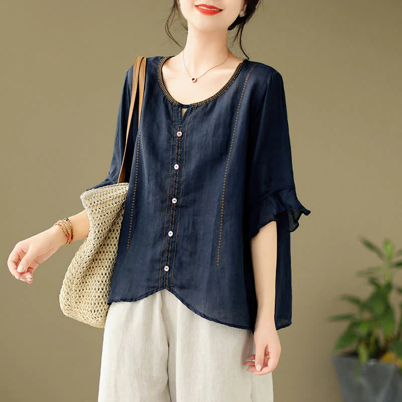 Buddha Stones Camicia da donna a maniche corte svasate con scollo rotondo e bottoni ricamati - Image 14
