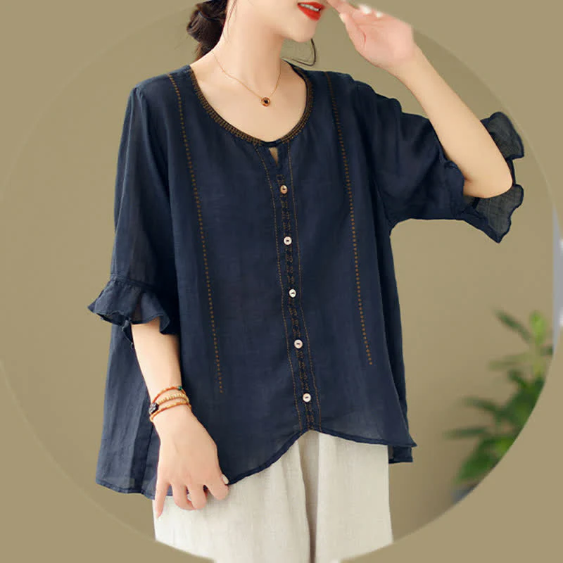 Buddha Stones Camicia da donna a maniche corte svasate con scollo rotondo e bottoni ricamati - Image 16