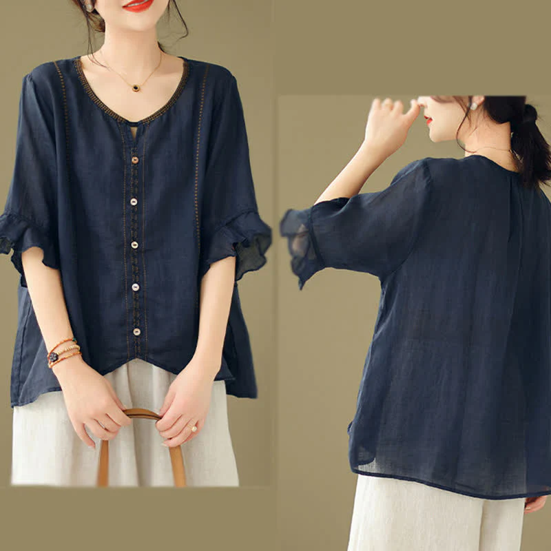 Buddha Stones Camicia da donna a maniche corte svasate con scollo rotondo e bottoni ricamati - Image 20