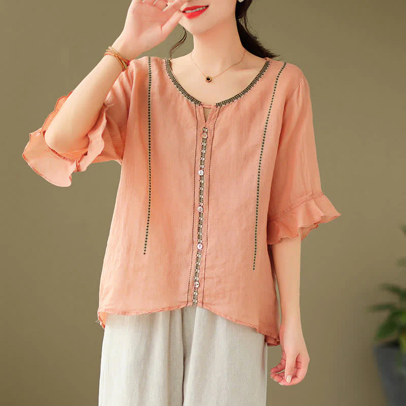 Buddha Stones Camicia da donna a maniche corte svasate con scollo rotondo e bottoni ricamati - Image 21