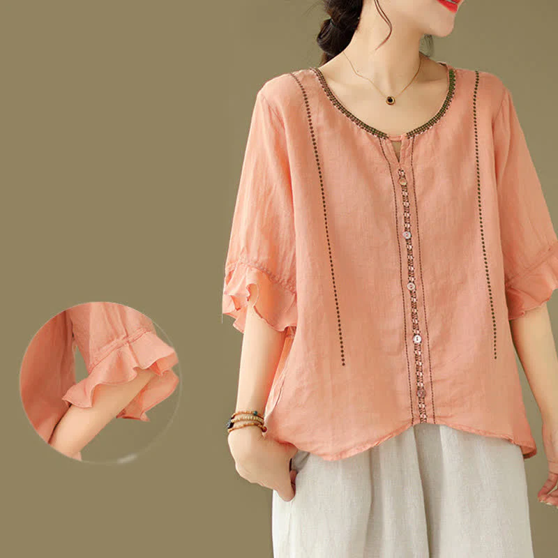 Buddha Stones Camicia da donna a maniche corte svasate con scollo rotondo e bottoni ricamati - Image 24