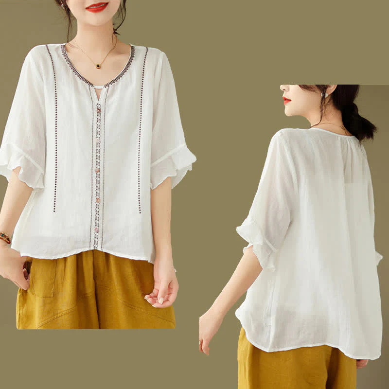 Buddha Stones Camicia da donna a maniche corte svasate con scollo rotondo e bottoni ricamati - Image 6