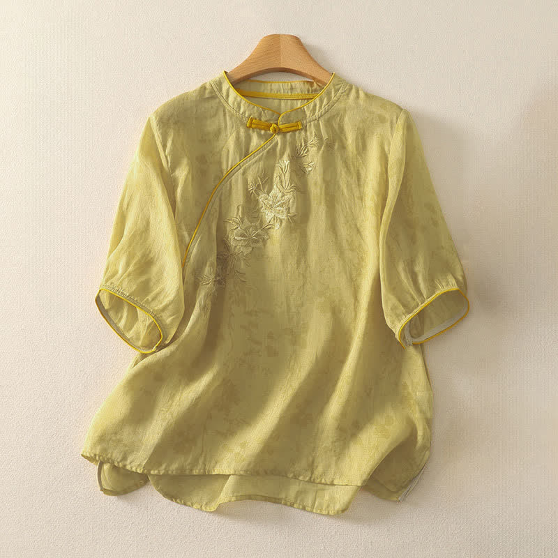 Buddha Stones Camicia da donna a maniche corte, tinta unita, stile Tang estivo, con ricami floreali e colletto alla coreana.