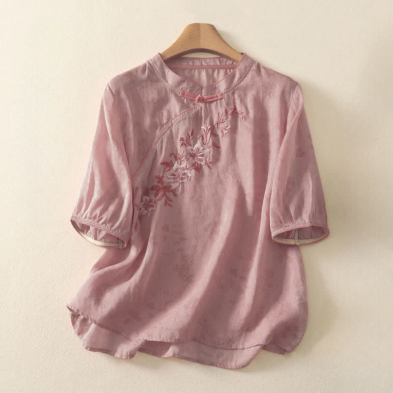 Buddha Stones Camicia da donna a maniche corte, tinta unita, stile Tang estivo, con ricami floreali e colletto alla coreana. - Image 12