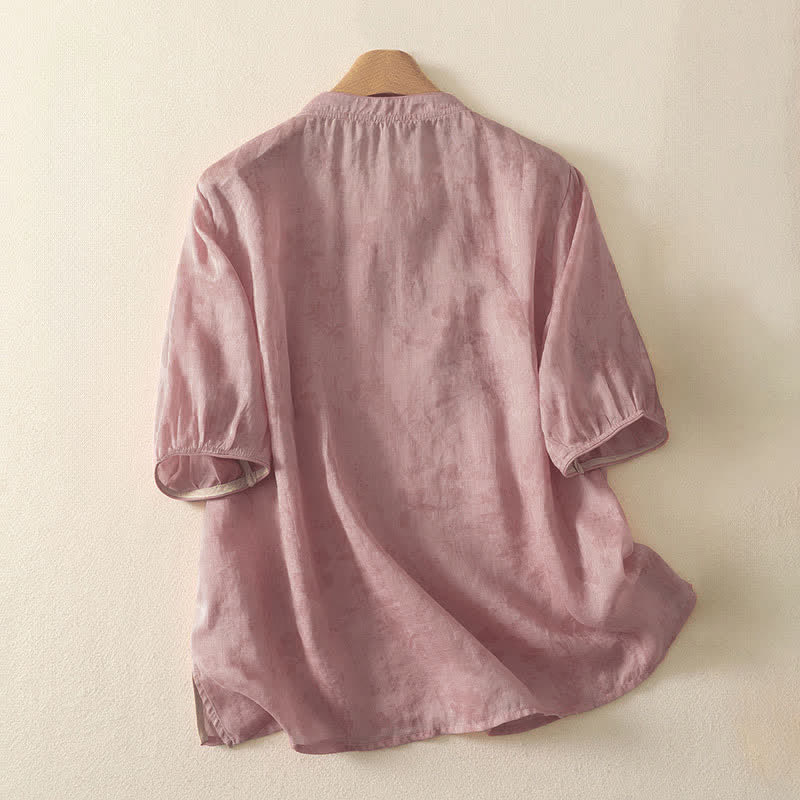 Buddha Stones Camicia da donna a maniche corte, tinta unita, stile Tang estivo, con ricami floreali e colletto alla coreana. - Image 13