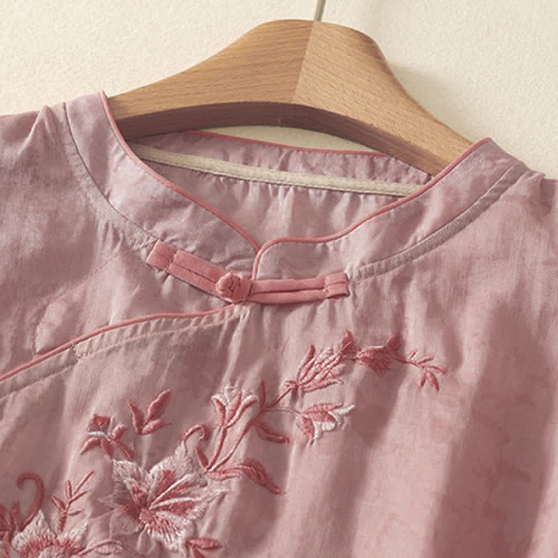 Buddha Stones Camicia da donna a maniche corte, tinta unita, stile Tang estivo, con ricami floreali e colletto alla coreana. - Image 14