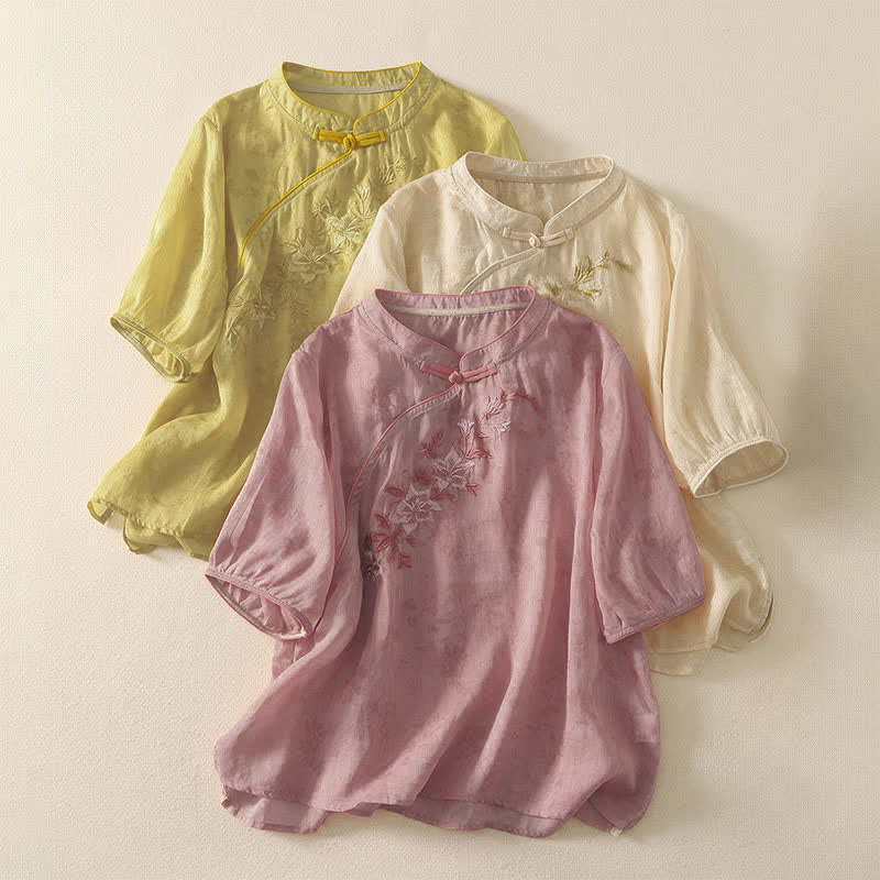 Buddha Stones Camicia da donna a maniche corte, tinta unita, stile Tang estivo, con ricami floreali e colletto alla coreana. - Image 22