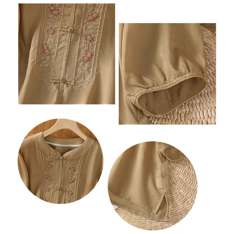 Camicia da donna con colletto rialzato, Buddha Stones , fiori ricamati, polsini elastici, maniche a tre quarti - Image 15