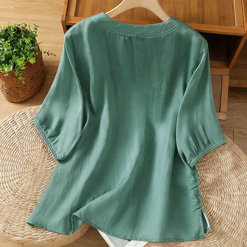 Camicia da donna con colletto rialzato, Buddha Stones , fiori ricamati, polsini elastici, maniche a tre quarti - Image 2