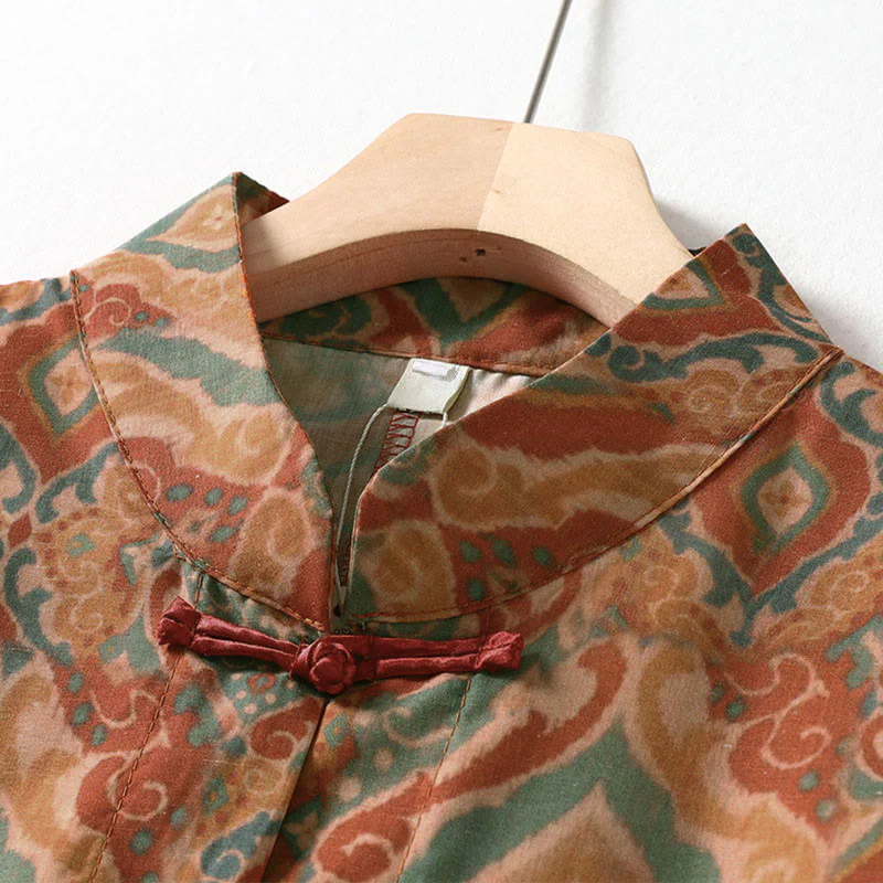 Buddha Stones Camicia da donna con colletto rialzato, maniche lunghe, bottoni cinesi e tasche, stampata - Image 3