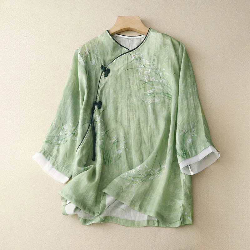 Buddha Stones Camicia da donna con maniche a tre quarti, motivo a rana con fiori rossi e orchidea bianca