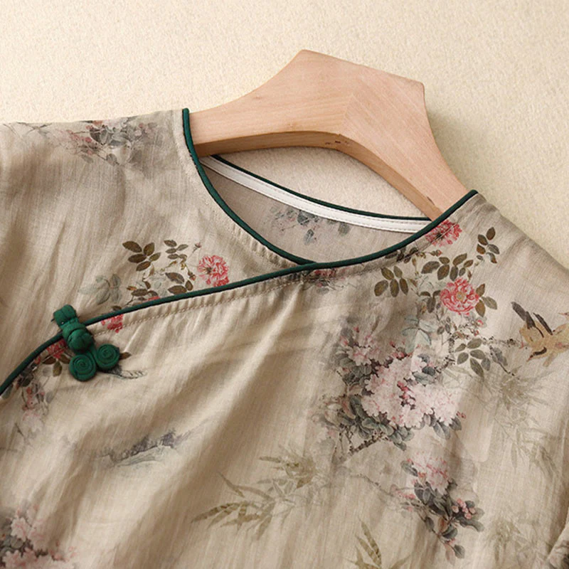 Buddha Stones Camicia da donna con maniche a tre quarti, motivo a rana con fiori rossi e orchidea bianca - Image 10