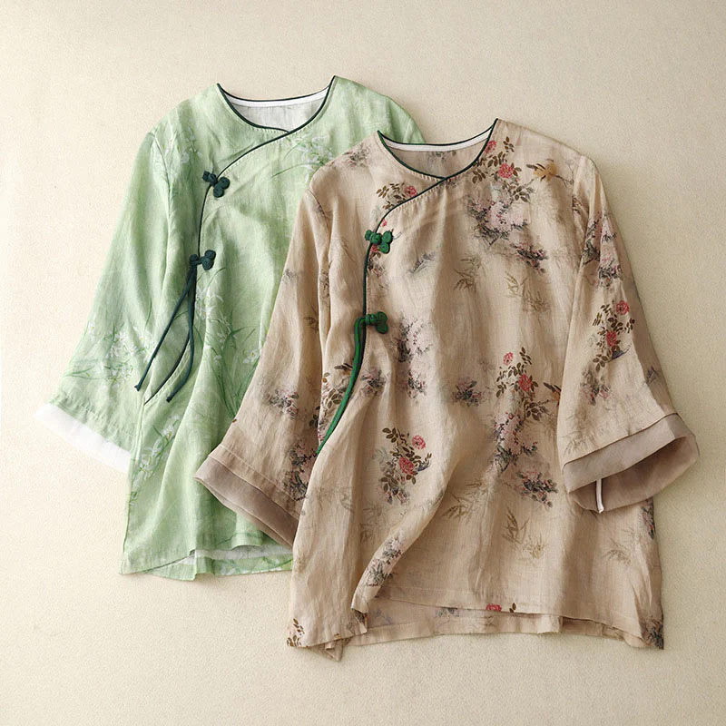 Buddha Stones Camicia da donna con maniche a tre quarti, motivo a rana con fiori rossi e orchidea bianca - Image 18