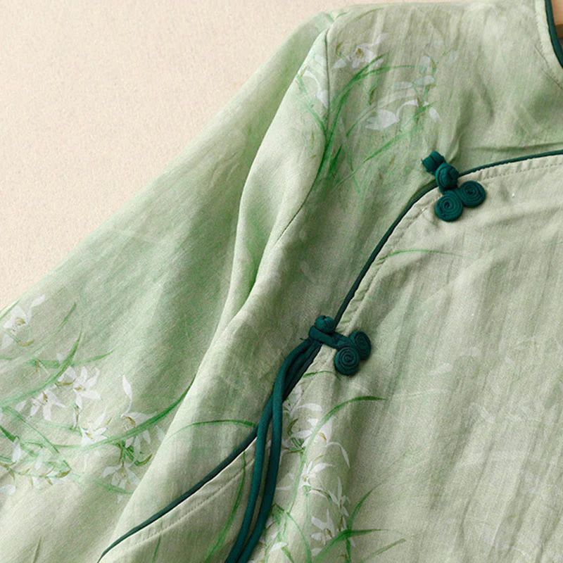 Buddha Stones Camicia da donna con maniche a tre quarti, motivo a rana con fiori rossi e orchidea bianca - Image 2