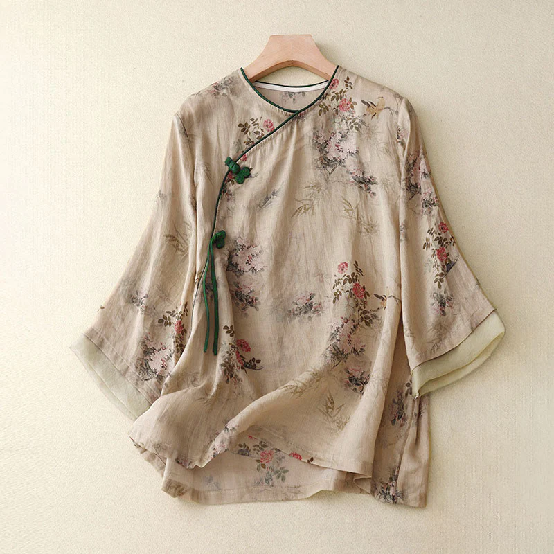 Buddha Stones Camicia da donna con maniche a tre quarti, motivo a rana con fiori rossi e orchidea bianca - Image 9