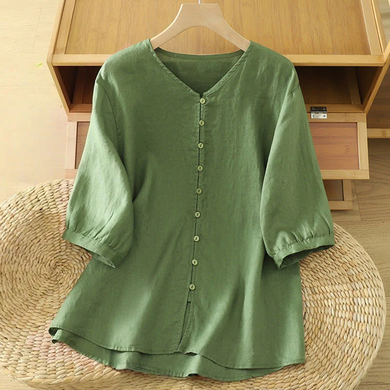 Buddha Stones Camicia da donna con scollo a V, maniche corte e bottoni in tinta unita - Image 17